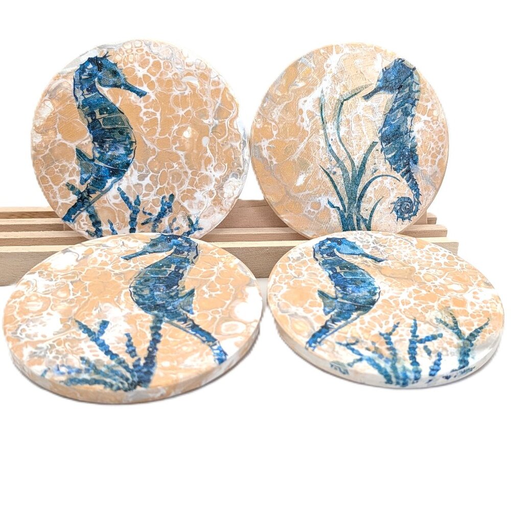 Seahorse 4" Ceramic Coasters OOAK Waterproof and Heat Resistant.